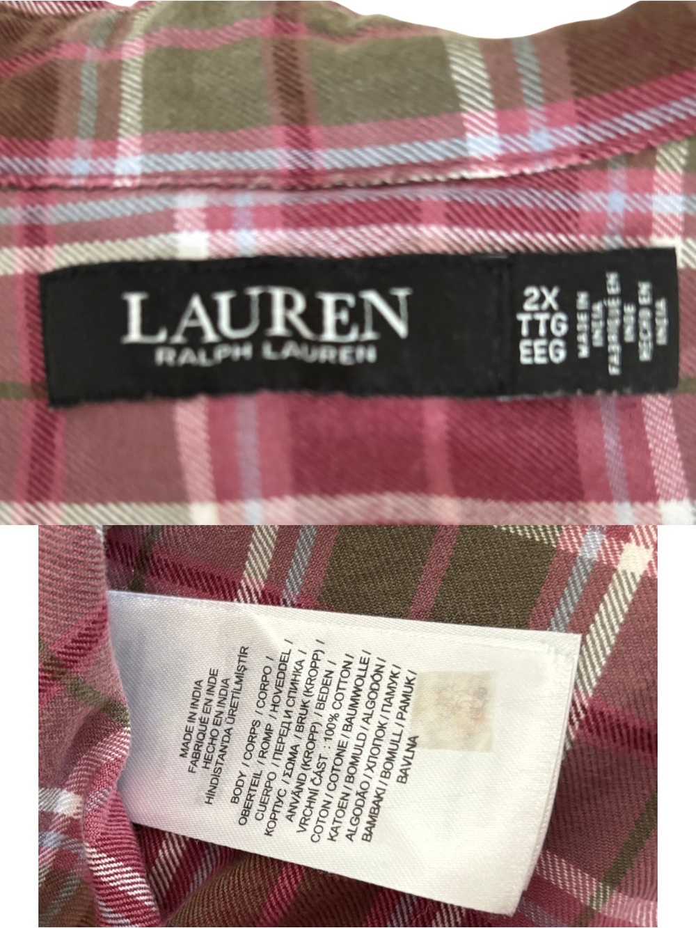 Lauren Ralph Lauren Plaid Button Up Shirt Womens Plus 2X Cotton Burgundy Olive - Picture 4 of 5